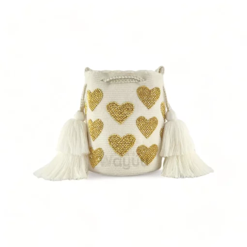 Mochila wayúu con corazones dorados